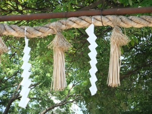 木の葉を背景とする注連縄