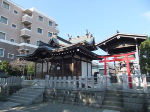 社殿が二つ横並ぶ。後ろからマンションが見下ろす