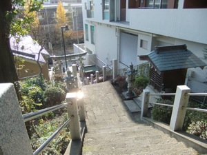 険しい石段がにるの間を縫って境内に向かう