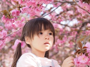 真由喜が満開の桜の中に考える顔をする