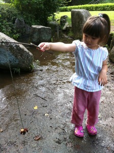 真由喜が釣ったザリガニを見つめる