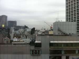 窓越しに見える東京都心のビル群