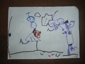 真由喜の絵で、真由喜が私のほうに飛んで行く