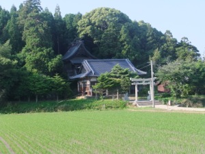 田んぼの中から小高い丘がたって、その麓に立派な神社がある。