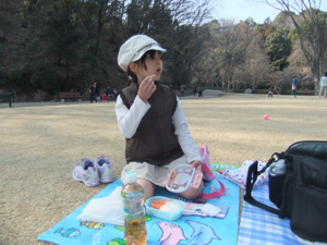 真由喜が公園の芝生で弁当を食べる