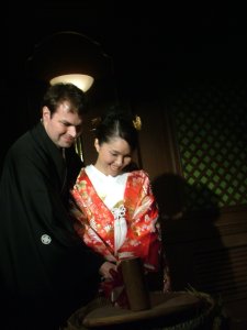 Me and Yuriko, opening a barrel of sake